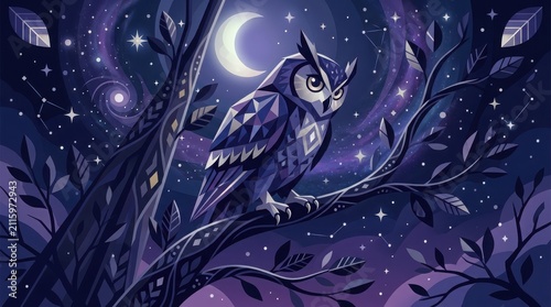 Wise owl illustration featuring geometric style perched on dark tree branch against crescent moon and starry night sky backdrop.