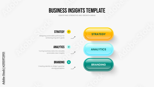 Enterprise Review Presentation Design Vector Illustration. Professional Introduction Three Element Infographic Frame Layout. Product Proposal 3 Option Diagram Slideshow Template.