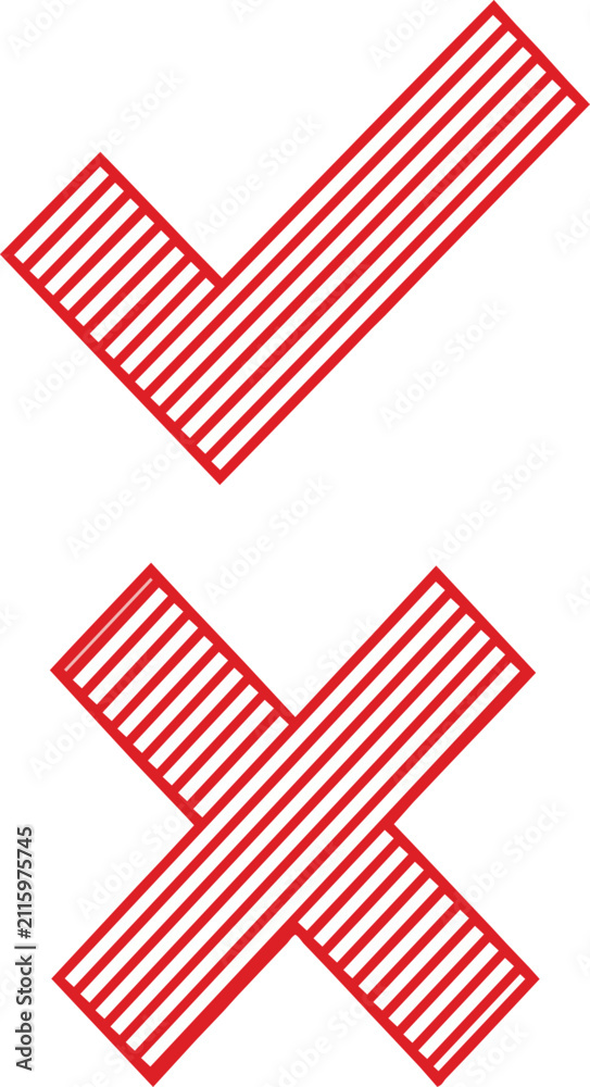Fototapeta premium Red striped vector check mark and cross mark symbols displayed clearly on white background