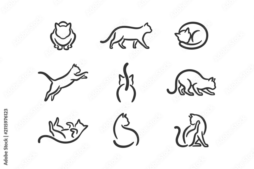 Fototapeta premium A collection of nine simple black line art cat icons illustrating different common feline postures on a white backdrop