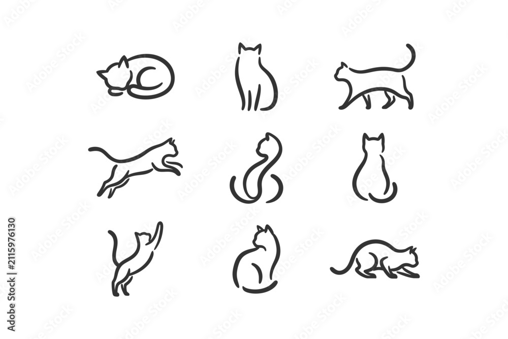 Obraz premium A collection of simple line art illustrations depicting cats in different poses, isolated on a white background