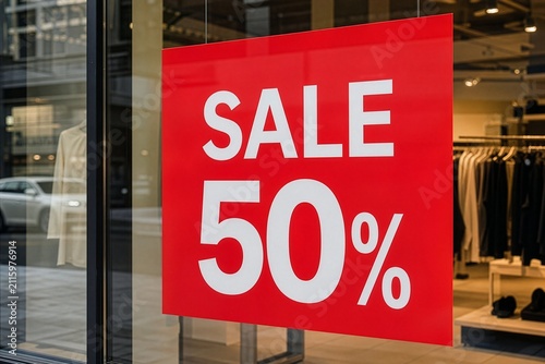 Red sale sign with fifty percent discount in clothing store window display, seasonal shopping and retail promotion concept