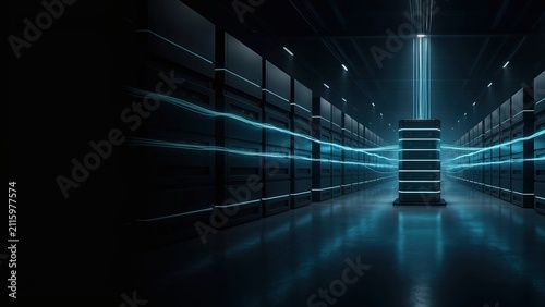 Data center hall features endless rows of server cabinets connected by glowing blue light beams for high speed.