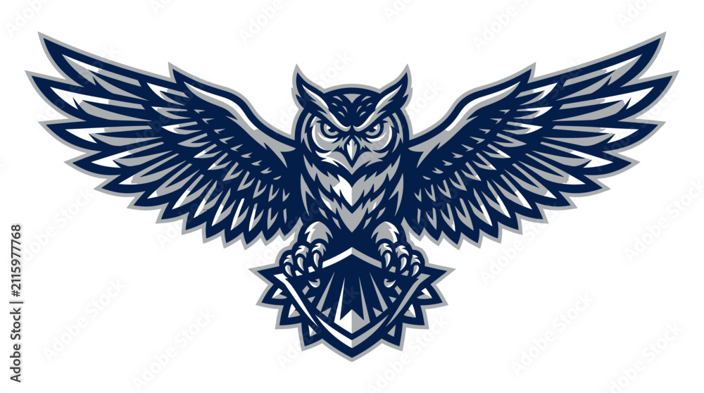 Fototapeta premium Majestic Owl Mascot Logo with Spread Wings in Navy Blue and White Vector Illustration