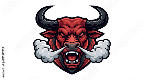Foto Aggressive Red Bull Mascot Logo with Powerful Horns and Steam Bursting from Nost