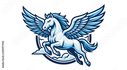 Fotografie Majestic Blue Winged Pegasus Flying Horse Mascot Logo Design