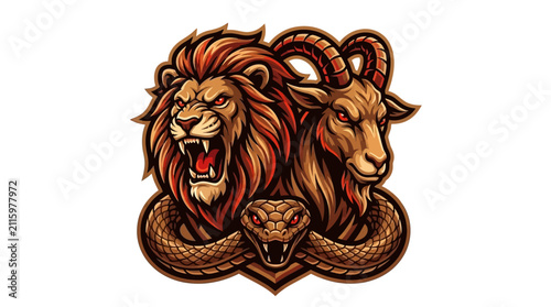 Foto Fierce Chimera Illustration Featuring a Roaring Lion Head Combined with a Ram an