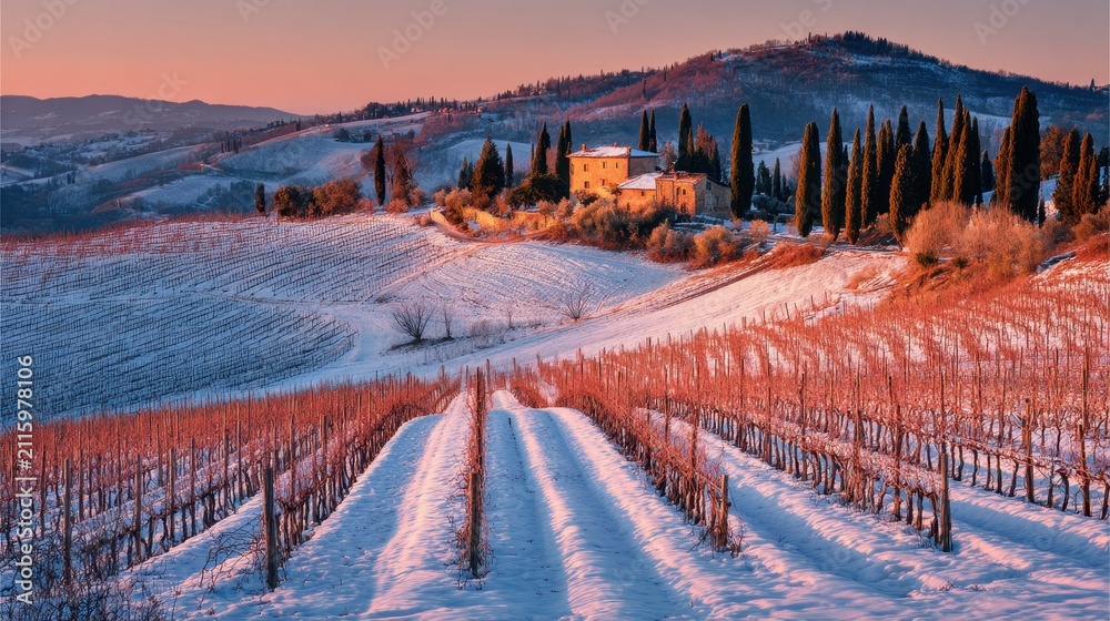 Fototapeta premium Serene snow-kissed vineyard landscape in the Italian countryside