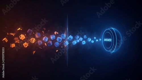 Cubes flowing toward a central button labeled answer represent the movement of data in a digital environment.