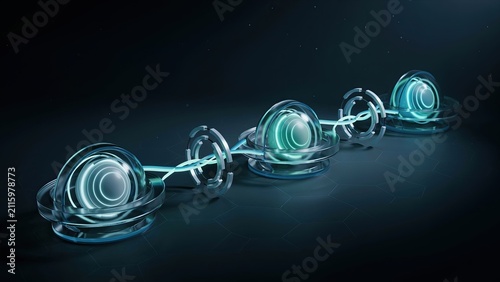 Spheres encased in glass rings form a connected chain to symbolize digital security and blockchain technology.