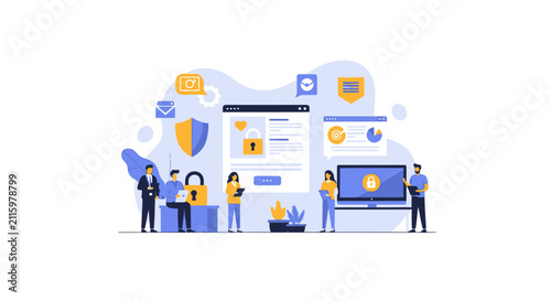 Digital security and data protection concept with people, padlock, shield, and communication icons