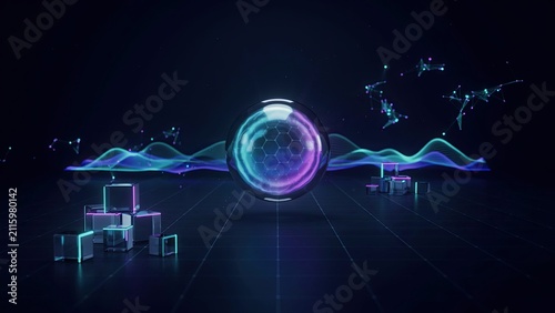Sphere glows with neon energy while orbiting cubes sit on a grid surface to demonstrate modern visualization.