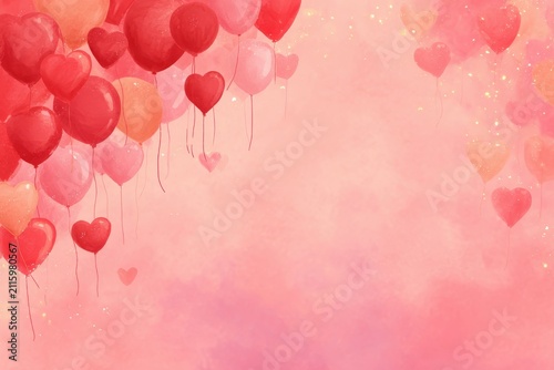 Soft pink and red balloon bouquet with heart accents for a romantic background