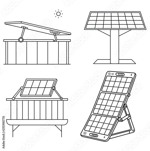 Solar Energy System Outline Icons Collection with Tracker Ground Mounted Rooftop and Portable Solar Panels Vector
