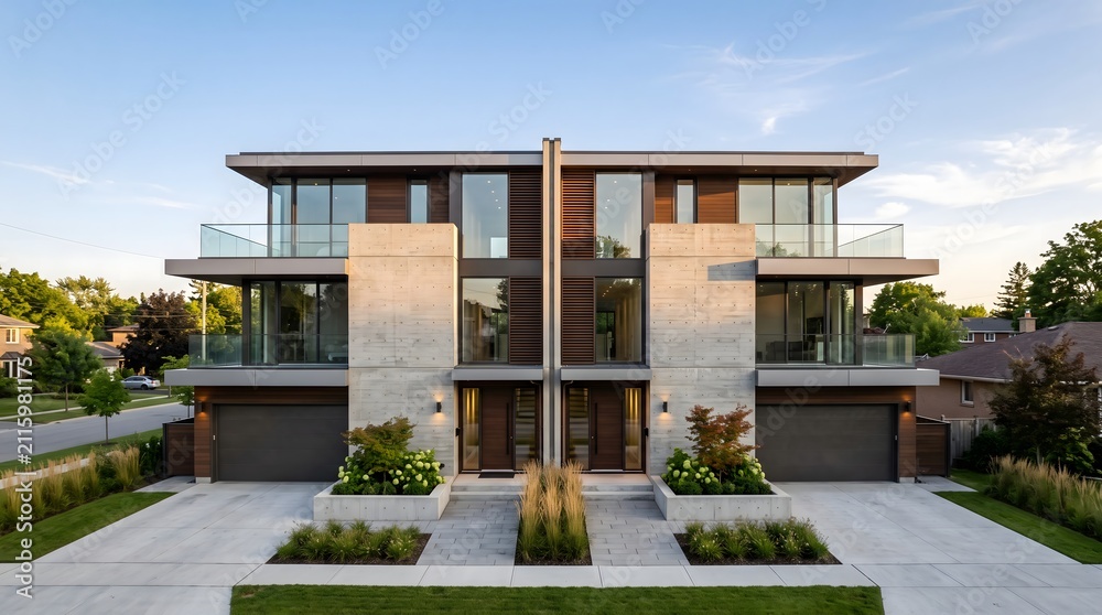 Fototapeta premium Symmetrical modern duplex featuring two attached units with mirrored facade design. Architecture design concept