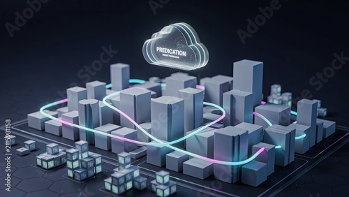 Cityscape miniature represents a digital cloud network infrastructure with glowing data streams on a dark surface.