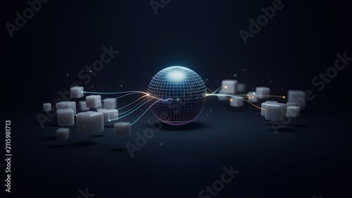Sphere rotates amidst scattered translucent cubes as thin light beams transmit information across the dark space.