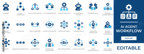 AI Agent Workflow Vector Icon Set. Artificial Intelligence, Smart Automation, Machine Learning, and Network Solid Glyph Elements