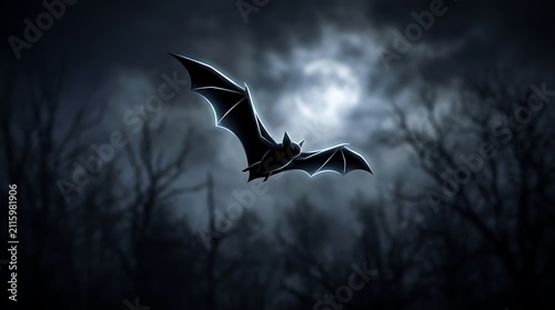 Bat with illuminated wings flying in the night sky with full moon