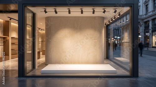 Empty fashion boutique window display. Modern retail store showcase with blank platform.