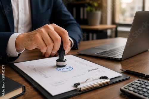 Close-up of a business professional stamping an invoice in a modern office workspace. Realistic corporate scene with documents, laptop, and office desk, symbolizing approval, accounting, finance