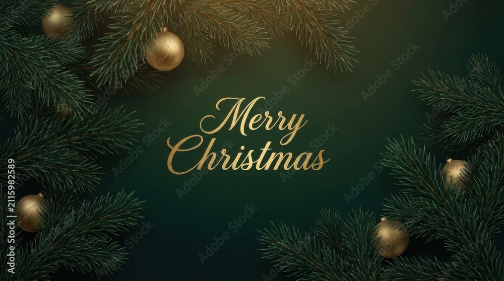 Obraz premium Elegant Merry Christmas greeting with golden ornaments and pine branches