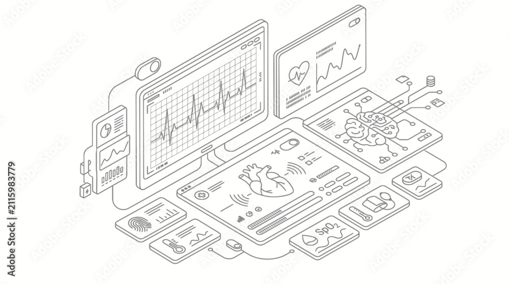 Obraz premium Isometric medical technology dashboard with vital signs and brain scan