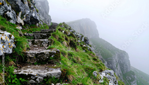 Ancient rugged stone staircase climbing along steep mountain cliff, uneven weathered steps covered with patches of fresh green grass and moss, dense mist surrounding the rocky landscape.