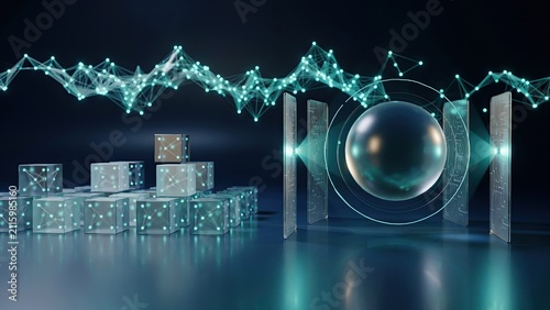 Cubes with glowing patterns sit beside a central orb protected by scanning beams and a complex network mesh.