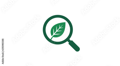Green leaf inside magnifying glass icon.