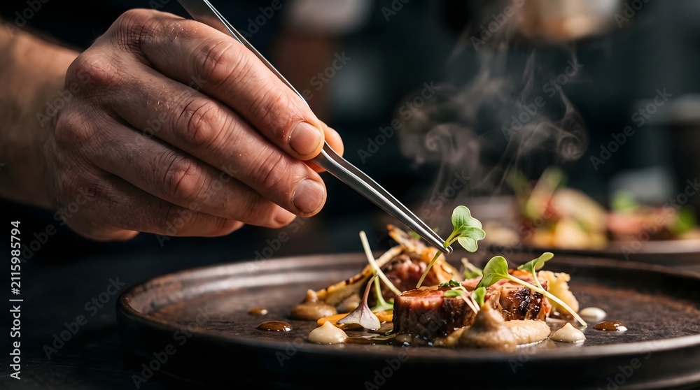 Fototapeta premium Hand using tweezers to place delicate microgreen leaf on plated dish. Fine dining concept