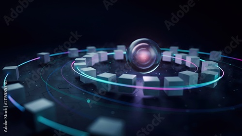 Simple cubes form a circular path around a central glowing orb within a dark digital architectural space.