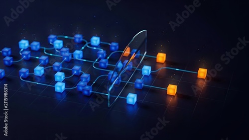 Network nodes move through a glass panel while transforming from blue cubes into glowing orange squares.
