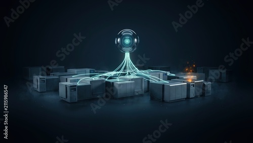 Sphere emits multiple glowing conduits that connect to scattered industrial boxes on a dark reflective surface.
