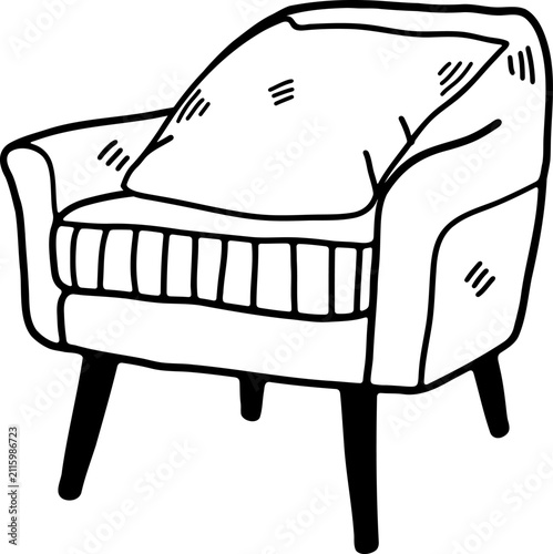 black and white illustration of a Armchair and cushions