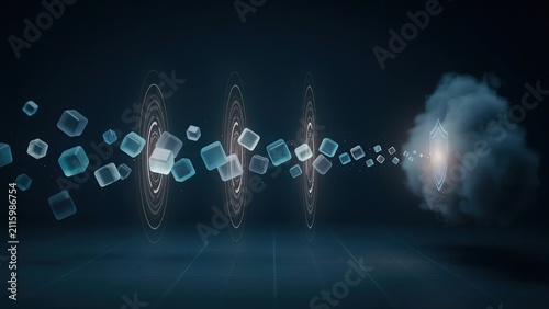Information particles travel through multiple energy gateways to consolidate within a large cloud network cluster.