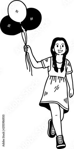 black and white illustration of a A girl holding a balloon