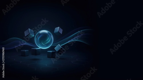 Sphere glows in the center surrounded by floating dark cubes above a reflective surface with wavy lines.