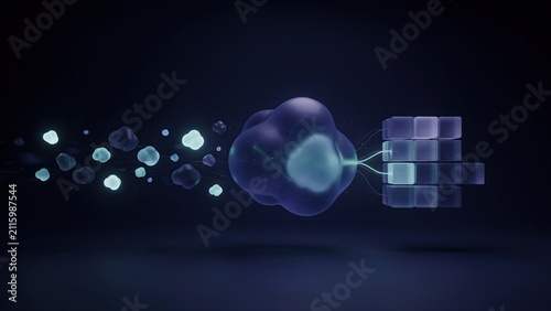 Cloud computing network processes digital information through a centralized server system on a dark background.