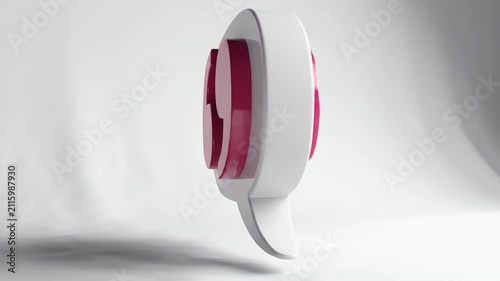 Pink quotation marks logo inside a white circular frame against a soft sculpted studio backdrop with dramatic lighting