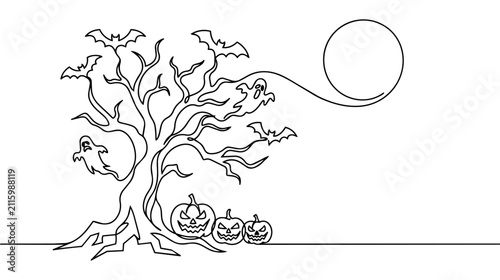 Halloween continuous line art illustration with spooky tree