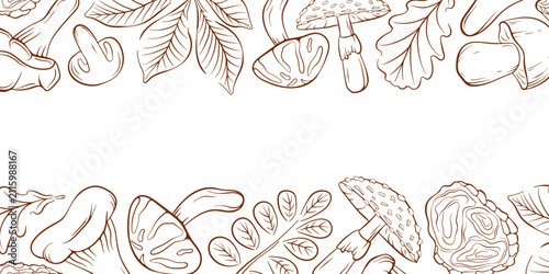 Edible and inedible mushroom line art border with leaves. Contour autumn forest element for frame decoration. Illustration for design, banner, poster with copy space.