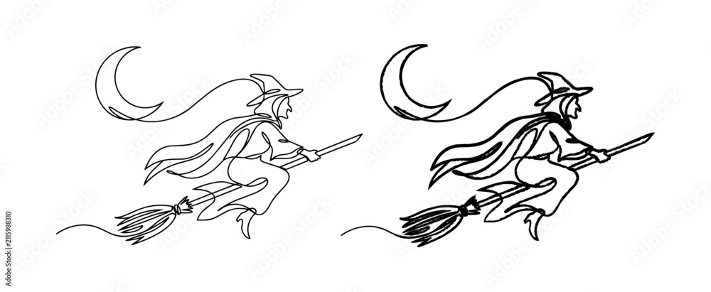 Obraz premium Minimalist continuous line drawing of a witch flying on a broomstick, Halloween silhouette vector art, mystical woman in pointed hat with crescent moon