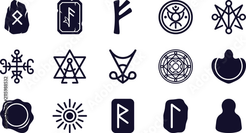 Photography Set of ancient runic symbols, magical sigils, and mysterious geometric emblems i