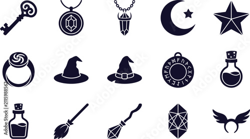 Fotografía Set of dark blue representing magical including keys, crystal pendants, crescent