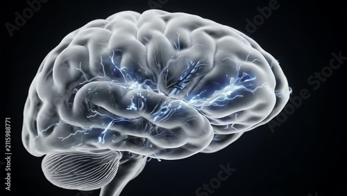 Semi-transparent brain tissue revealing an intricate internal neural network, subtle electrical impulses slowly traveling along interconnected neural pathways