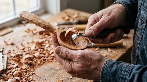Craftsman carving wooden spoon with hook knife, traditional woodworking craftsmanship, rustic workshop with wood shavings, skilled artisan hands at work