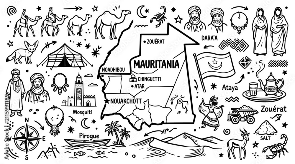 Fototapeta premium Mauritania Travel Doodle Illustration. Hand Drawn Cultural Heritage Sketch with Desert Icons