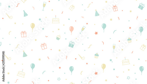 Sweet pastel seamless pattern of birthday celebration icons including presents, balloons, cakes, and champagne on white.