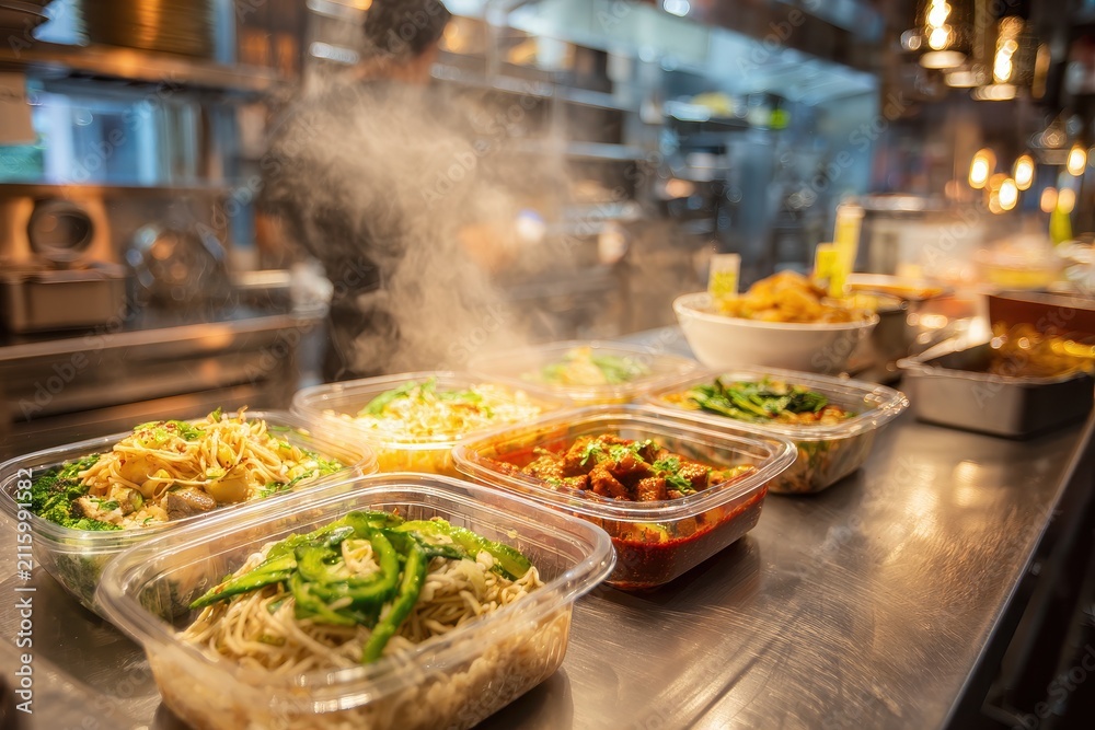 Obraz premium Takeout display of varied entrees in plastic containers at a restaurant